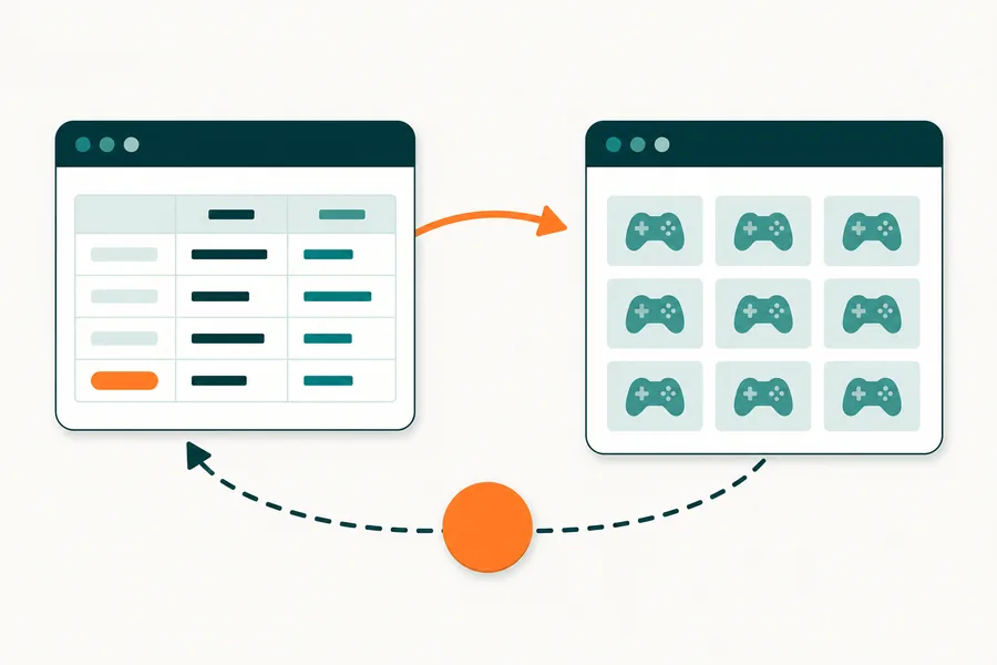 A diagram of a comparison table window linking to a game lobby window, with a dashed return path and a plain coin on it