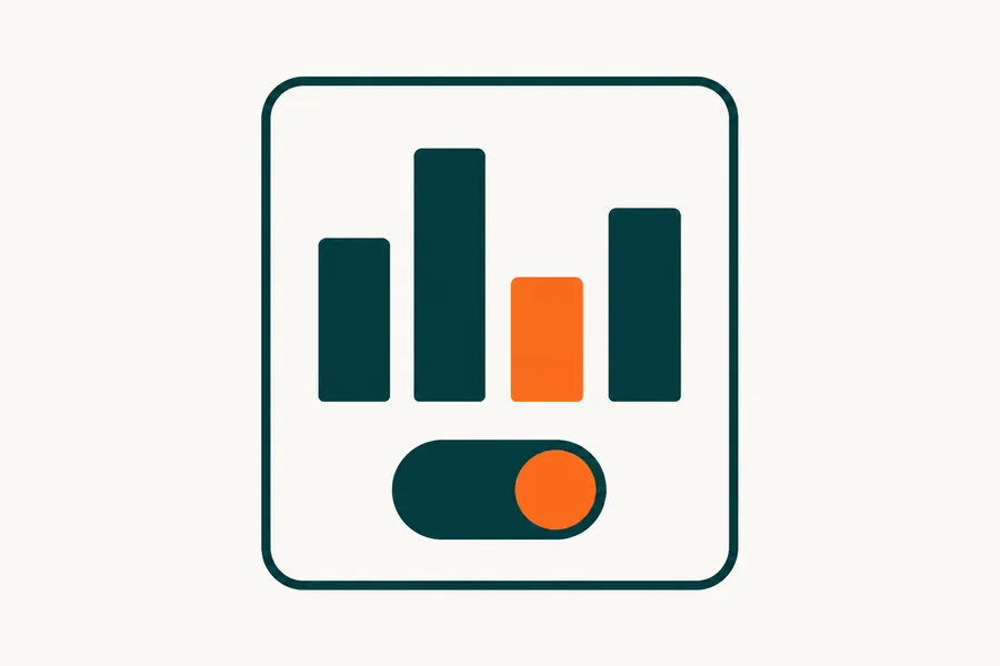 A card holding a four-bar chart above a switch turned on, one bar picked out in tangerine