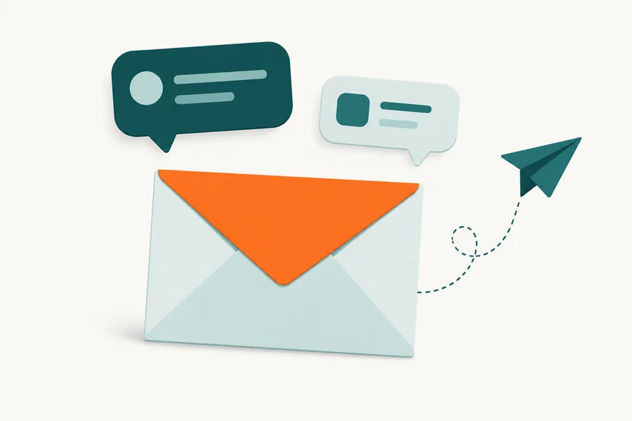 A sealed envelope with two speech bubbles above it and a paper plane tracing a dotted curve