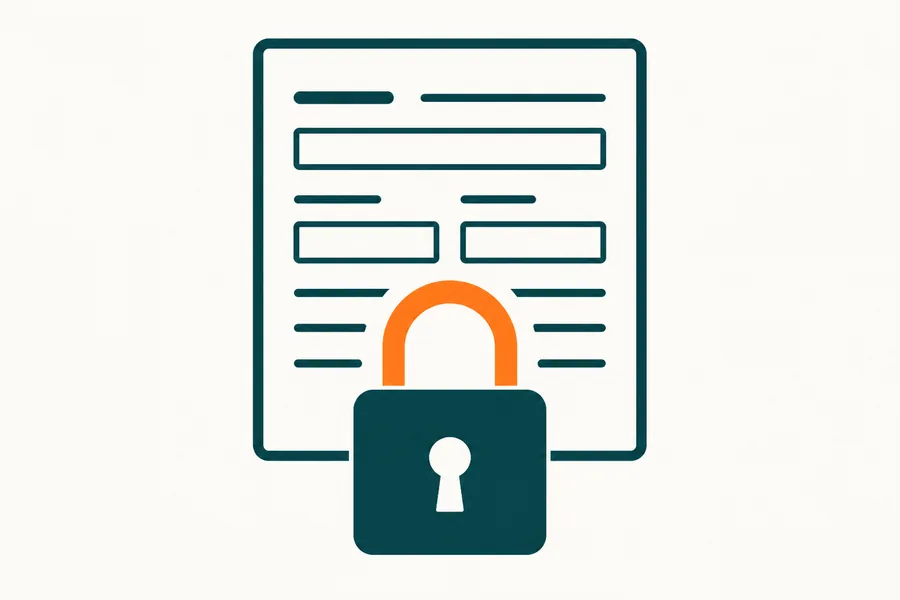 A padlock standing in front of a form whose fields are drawn as plain ruled lines