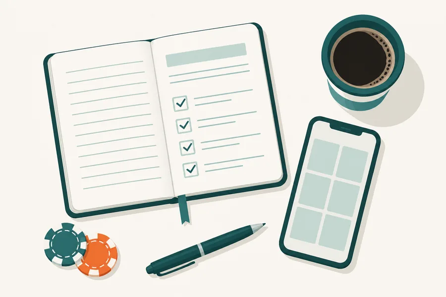 An overhead view of a reviewer's desk: an open notebook with a checklist, a phone showing a grid of tiles, casino chips and a pen