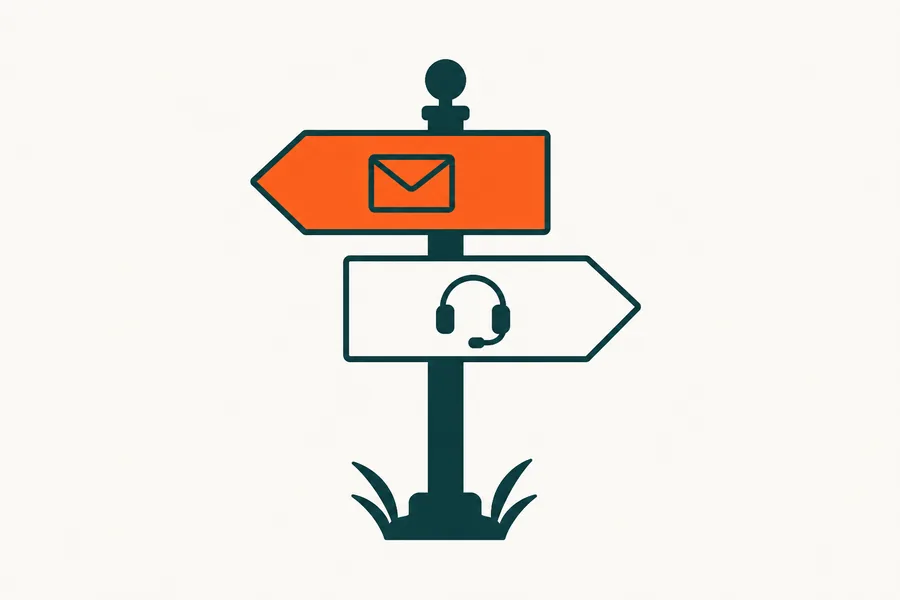 A signpost with two arrows pointing opposite ways, one marked with an envelope and the other with a support headset