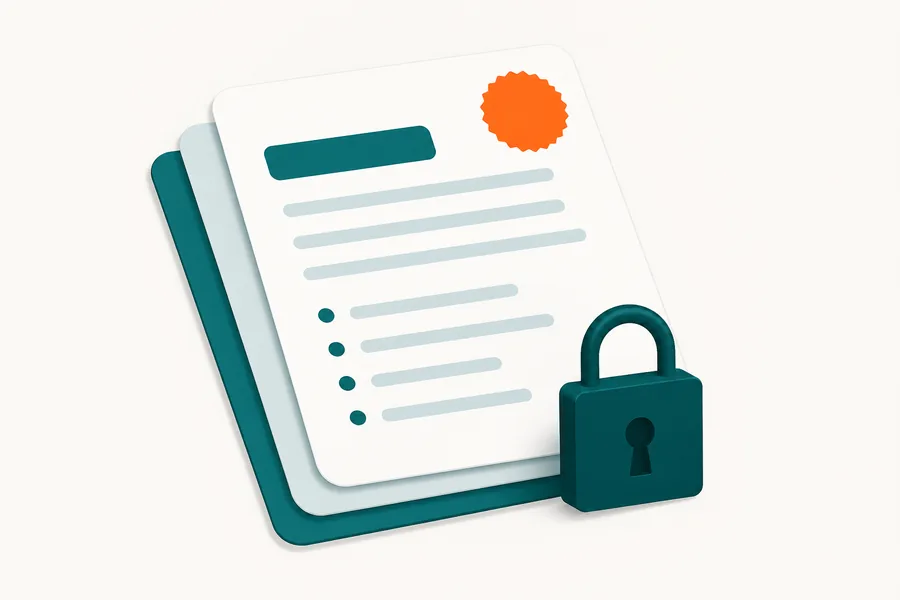 A stack of documents with a padlock in front and a seal at the top corner