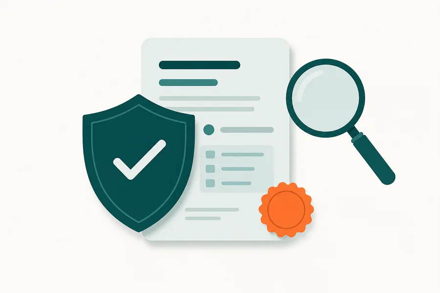 A shield bearing a tick in front of a document with a scalloped seal, inspected through a magnifier
