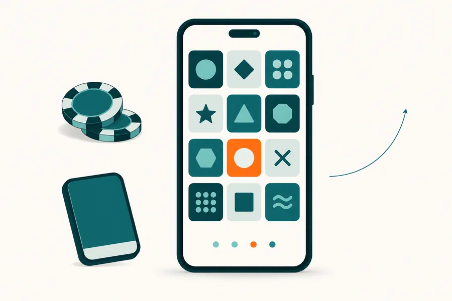 A smartphone displaying a grid of abstract game tiles, with casino chips and a swipe gesture beside it