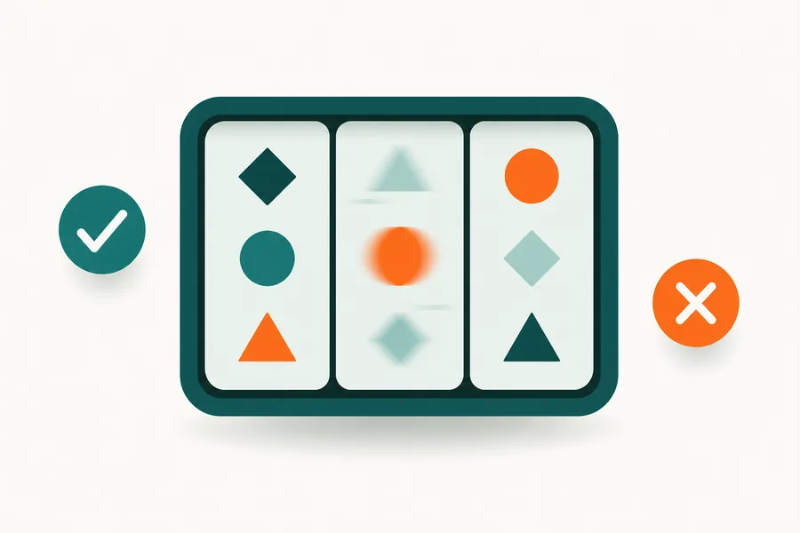 A three-reel slot window with one reel mid-spin, flanked by a tick in a teal circle and a cross in a tangerine circle