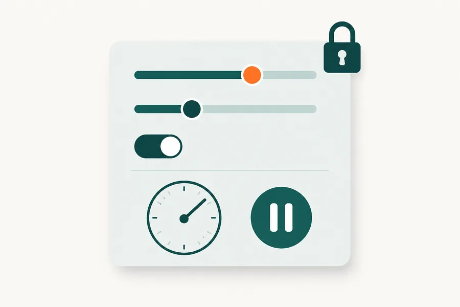 A settings panel with two sliders, a toggle switch, a clock face and a pause symbol, with a padlock at the corner