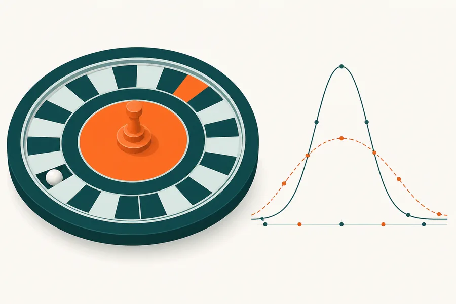 A simplified roulette wheel beside two probability curves plotted along a faint baseline