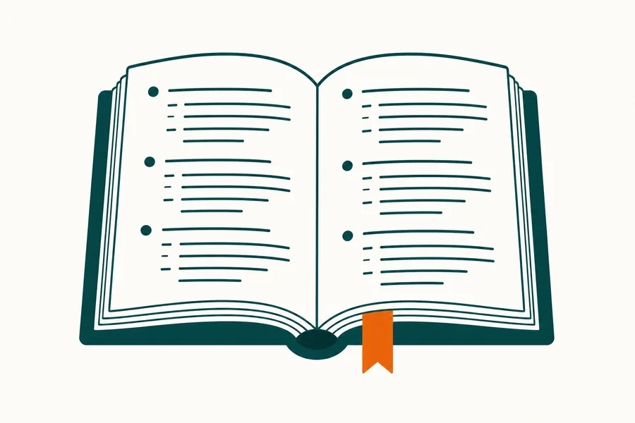 An open rulebook with ruled lines standing in for numbered clauses and a tangerine ribbon bookmark