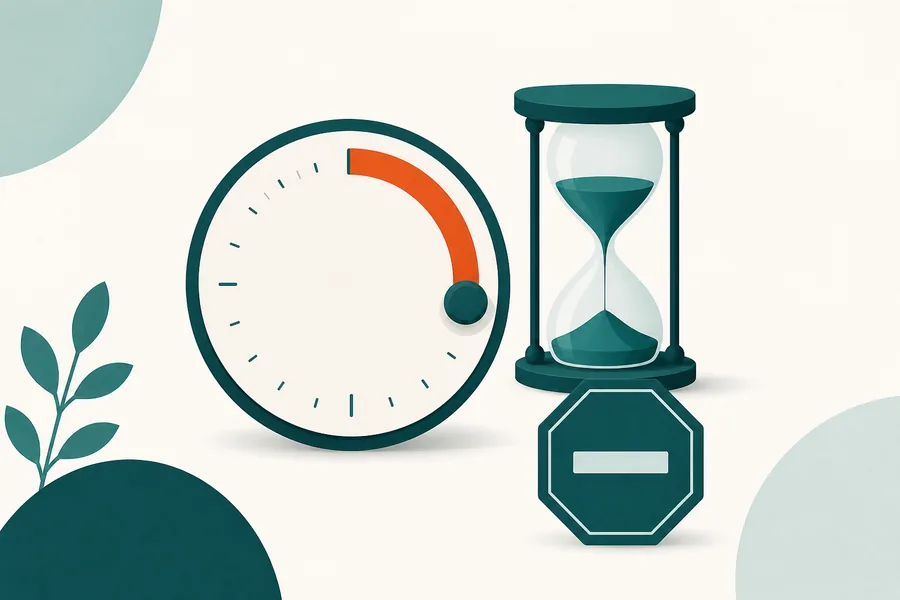 A large dial with a tangerine progress arc beside an hourglass and a stop symbol, on a calm background