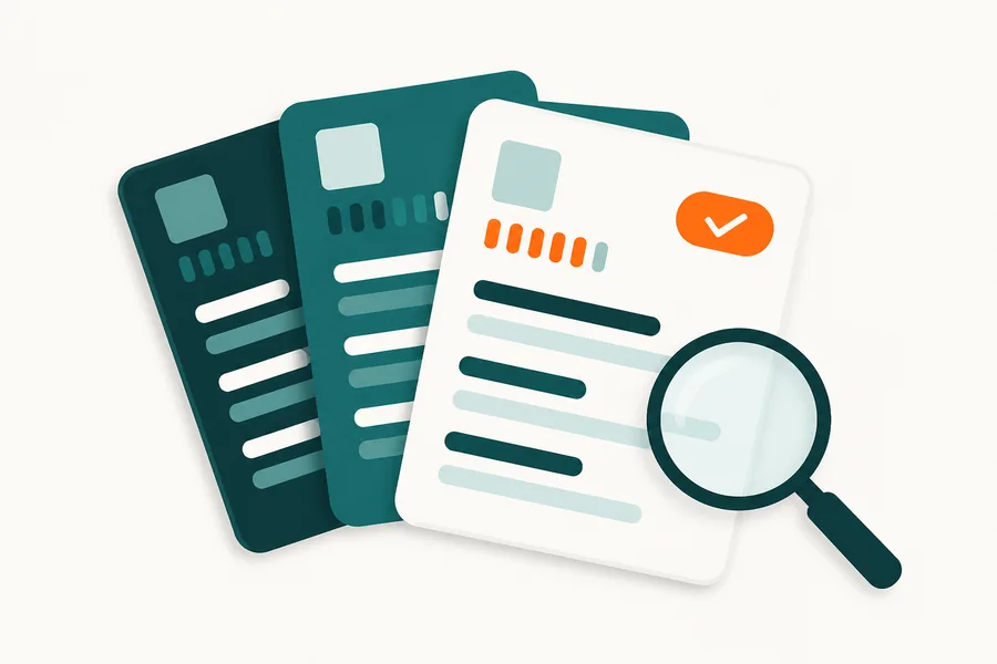 Three review scorecards fanned out, the front one marked with a tick badge and inspected through a magnifier