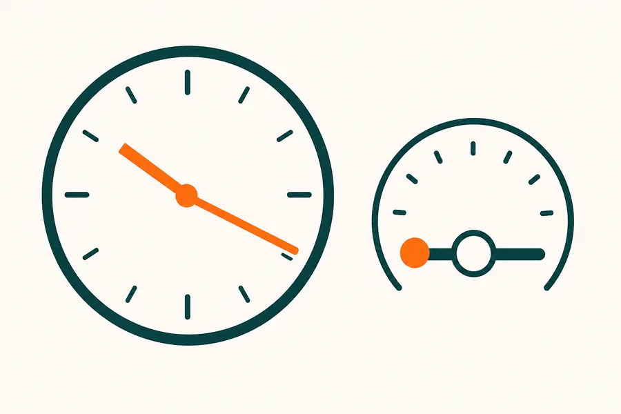 A clock face beside a dial set near its lowest position